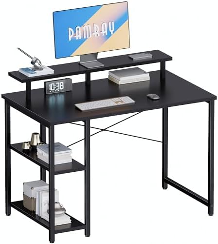 Pamray 33.5 Inch Small Computer Desk with Monitor Stand and Shelves