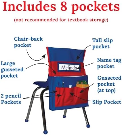 Carson Dellosa Chair Pockets for Classroom, Blue & Red, 12-Pack | Durable 15x19" Chairback Buddy for Classroom Supplies, Desk Buddy Pocket Organizer with Name Tag, Back of Chair Storage