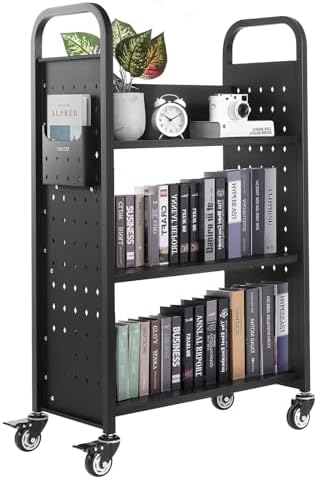 VEVOR Rolling Library Book Cart, 330 lbs Capacity, 30.3 x 15 x 48.0-Inch Library Cart, Single Sided L-Shaped Shelves with 3-Inch Lockable Wheels, Book Truck for Home Shelves Office and School, Black