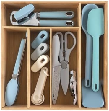 COOK WITH COLOR Bamboo Kitchen Utensil Set with Drawer Organizer | Cooking Tools and Storage Caddy, Blue, 18 Piece Gadget Set