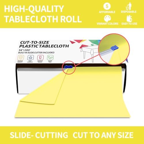 CXPSINC 54 Inch X 100 Feet Plastic Table Cover Roll Disposable Tablecloth with Slide Cutter for All Type/Shape Tables | Party, Banquet, Birthdays, Weddings(Light Yellow, 100 Feet)