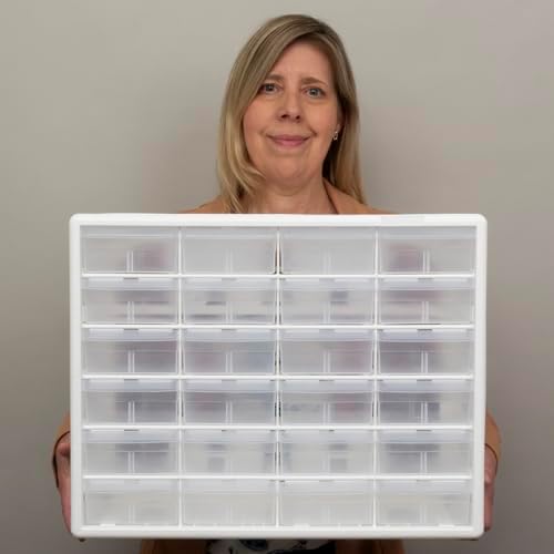 Akro-Mils 24-Drawer Plastic Drawer Storage Cabinet for Garage Organization, Bead Organizer, Building Bricks Storage, Teacher Toolbox, Makeup Organizer, 20-Inch W x 6-Inch D x 16-Inch H, 10124 White
