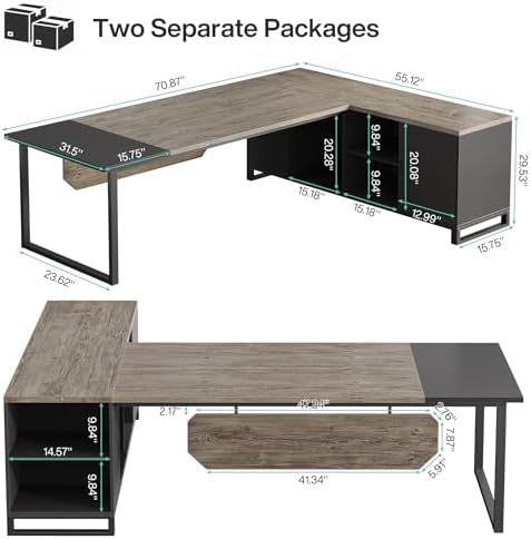 Tribesigns 70.8" Executive Desk with 55" File Cabinet, Industrial L Shaped Computer Desk with Storage Shelves and Cabinet, Large L Shaped Executive Desk for Home Office, Retro Gray & Black