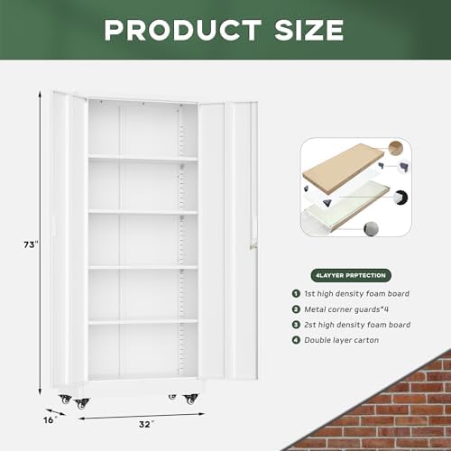 Greenvelly 73" Metal Storage Cabinet with Wheel, Lockable White Metal Garage Cabinets with 2 Doors and 4 Adjustable Shelves, Rolling Steel Tool Cabinet for Garage, Home Office, School