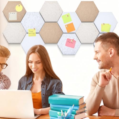 12x10 in 16 Pcs Hexagon Cork Board Tiles, Felt Pin Boards, Retro