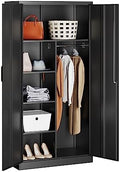 Metal Wardrobe Cabinet with Lock,72" Armoire Closet with Hanging Rod,Lockable Storage Locker,Black Storage Cabinet with Locking Doors,Garage Closet,Steel Wardrobe for Home,Bedroom,Office,Employee,Shop