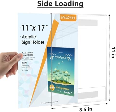 MaxGear Acrylic Sign Holder 11 x 17 Wall Mount with Tape, 6 Pack, Vertical