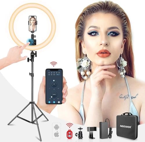 Neewer APP Control 16-inch LED Ring Light, Support Manual Touch Control with LCD Screen, Multiple Lights Control, 3200-5600K, Light Stand Included for Makeup YouTube Video Blogger Salon (White)