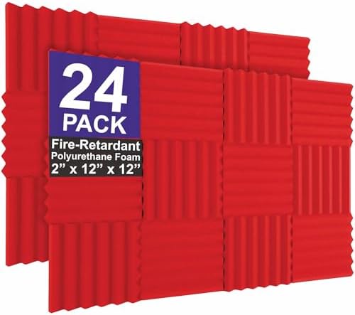 Foam Factory Inc 24 Pack Color Acoustic Foam Panel Studio Soundproofing Wedge Wall Tiles 12” X 12” X 2” (Red)