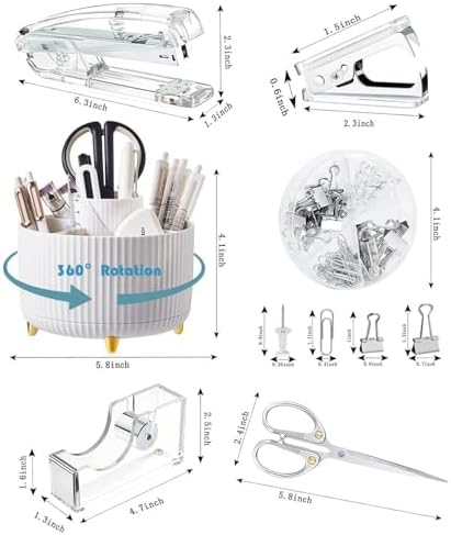 Gawsey Silver Desk Organizers and Accessories with Desk Organizer 360° Rotating Pen Holder and Office Supplies, Cute Stationery Supplies Set
