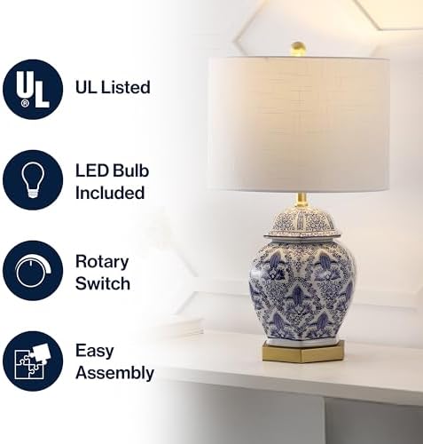 JONATHAN Y Gretchen 25" Ginger Jar Ceramic LED Table Lamp, Blue/White
