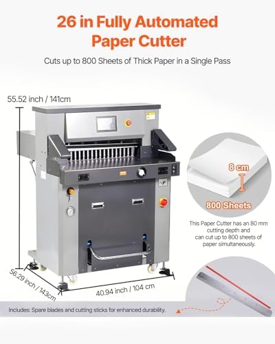 VEVOR Electric Hydraulic Paper Cutter, Heavy-Duty Cutting Machine with 26 in (660.4 mm) Cutting Width, 3.14 in (80 mm) Cutting Thickness, Electric Paper Trimmer with 7 in Touchscreen Numerical Control