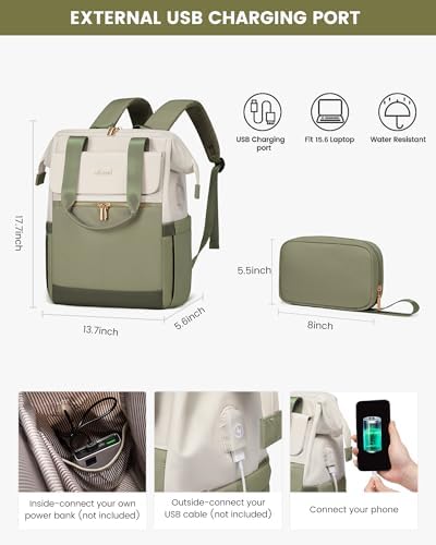LOVEVOOK Laptop Backpack for Women, 15.6 Inch Work Laptop Bag with USB Port, Fashion Teacher Nurse Backpack Purse, Waterproof Travel Computer Backpack with Organizer Bag, 2PCS, Beige-Bean Green