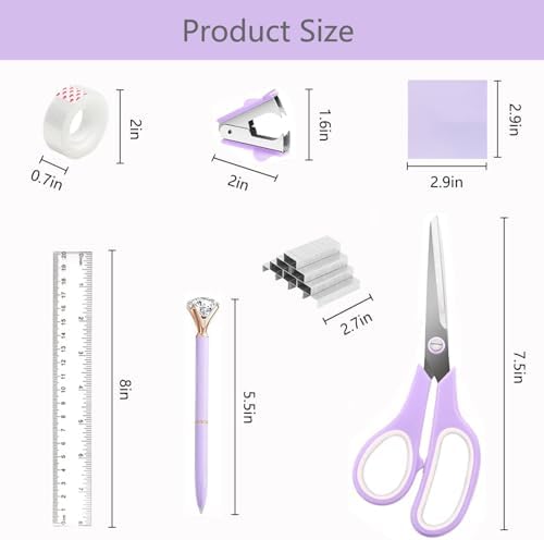 Office Supplies,School Supplies,Purple Desk Accessories,Desk Organizer,Scissors,Stapler,Tape Dispenser,Binder Clips,Staples,Staple Remover,Sticky Notes,Clear Tape,Pen,Ruler,Best Gift,11pcs