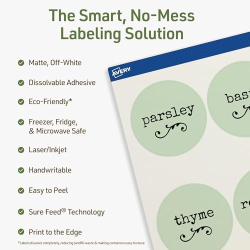 Avery Dissolvable Round Labels, Sure Feed Technology, 2.5" Diameter, Matte White, Print-to-The-Edge, Laser/Inkjet Printable, 225 Labels Total