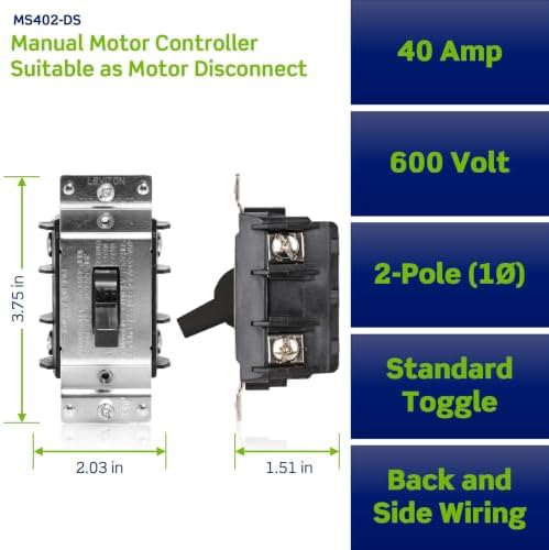 Leviton 40 Amp, 600 Volt, Double-Pole, Single Phase AC Motor Starter, Suitable as Motor Disconnect, Toggle, Industrial Grade, Non-Grounding, MS402-DS, Black