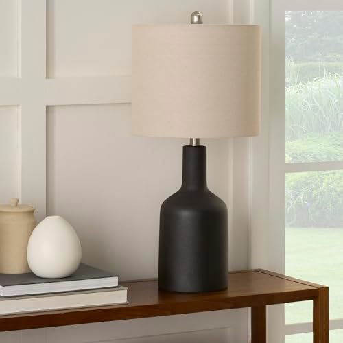 Nourison Home 22" Black Ceramic Table Lamp with Oatmeal Linen Shade for Modern Farmhouse, Bedside Lamp, Living Room Lamp, Small Accent Lamp for Dining Room