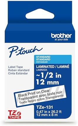 Brother Genuine P-Touch TZE-131 Tape, 1/2" (0.47") Standard Laminated P-Touch Tape, Black on Clear, Perfect for Indoor or Outdoor Use, Water Resistant, 26.2 Feet (8M), Single-Pack, TZe131