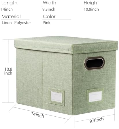 PRANDOM File Organizer Box - Set of 2 Collapsible Decorative Linen Filing Storage Hanging File Folders with Lids Office Cabinet Letter Size Green (14x9.3x10.8 inch)