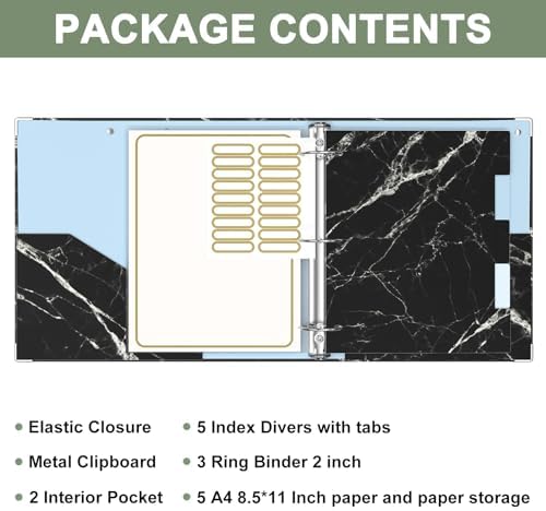 Rouidr 3 Ring Binder, 2 Inch Round Ring Binder Organizer with Clipboard, 5 Dividers Tabs, A4 8.5 x 11 Inch Paper & Clear Sleeves for School, Office Supplies, Black Textured Marble