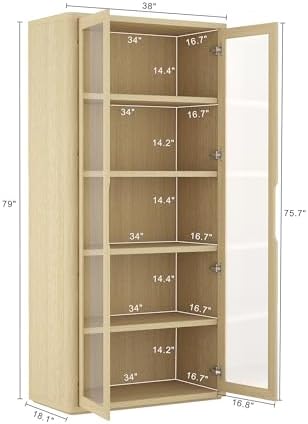 Manhattan Comfort Rivington 5-Shelf Bookshelf with Soft Close Glass Door, 79" Tall Bookcase Handle-Free, Adjustable Shelves, Storage Cabinet for Living Room, Bedroom, or Office Set of 2 in Natural Oak