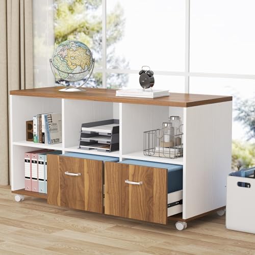 Tribesigns 63-Inch Executive Computer Desk with 47-Inch Lateral File Cabinet, Large Workstation Business Furniture, L Shaped Desk with Drawers and Storage Shelves for Home Office, Walnut & White