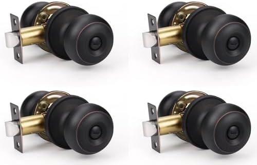 KNOBWELL 4 Pack Oil Rubbed Bronze Door Knobs - Bedroom or Bathroom, Round Privacy Door Lock Interior, Keyless Turn Locks