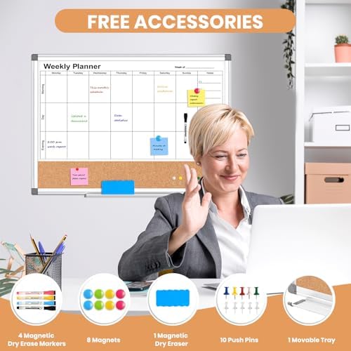 Weekly Dry Erase Calendar Whiteboard for Wall, 24" x 18" Cork Week Planner