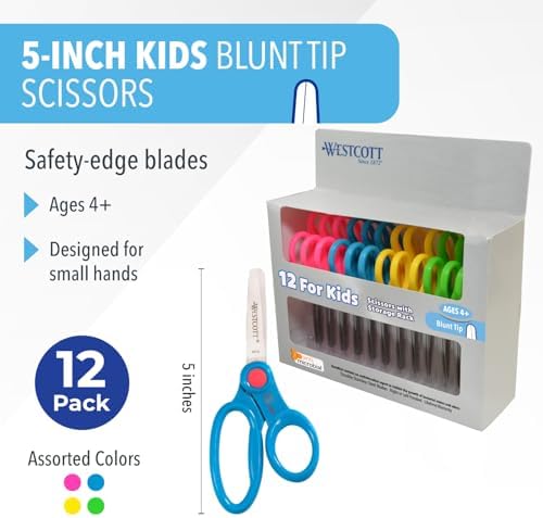 Westcott Right- and Left-Handed Scissors For Kids Ages 4-8 - Back to School Essentials, Classroom Must Haves, Art Supplies - 5-Inch Blunt Safety Scissors - Assorted Colors - 12 Pack