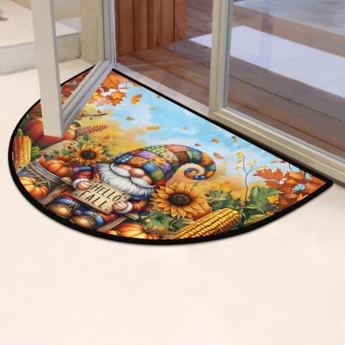 Gnome Autumn Half Round Door Mat Non Slip Washable Semi Circle Area Rug Absorbent Soft Half Moon Rug Floor Mat for Indoor Outdoor Kitchen Bathroom Patio Front Door Mat Decor