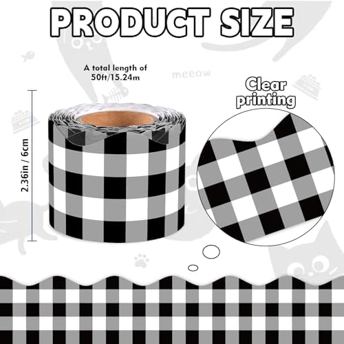 VABAMNA 50 Feet Bulletin Board Borders Black White Checkered Classroom Decor Wavy Scalloped Rolled Border Trims for Back to School Classroom Chalkboard Whiteboard Door Wall Decorations