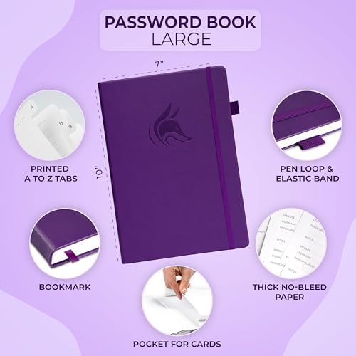 Clever Fox Password Book with Alphabetical Tabs, 7"x10" Keeper Purple