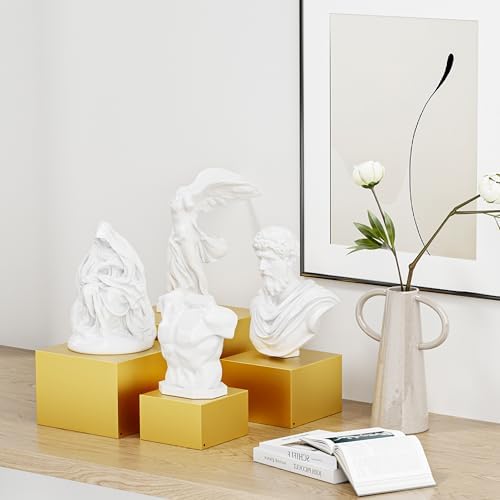 Metal Buffet Risers,4PCS Food Risers for Buffet Table 5in to 8in Display Stand with Mini Acrylic Signs for Catering Dessert Collectibles Jewelry Figures Show Gold Cube Boxes Nesting Risers with Hollow Bottoms