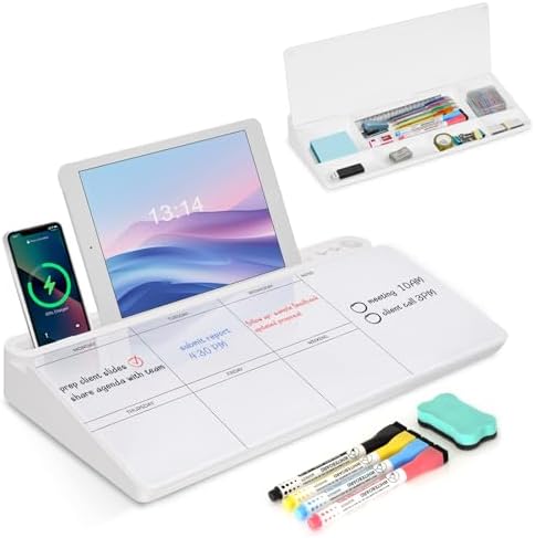 Desktop Glass Whiteboard with Storage, Weekly Calendar Desk White Board