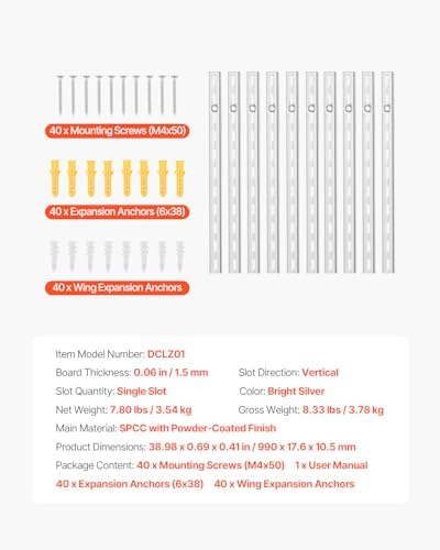VEVOR Shelf Pilaster, 39-inch 10 Pack, Upright Wall Shelving System, Heavy Duty Support System Single Slot Shelf Rails, 40 Screws Included, Suitable for Cabinet Closet Organization Storage, Silver