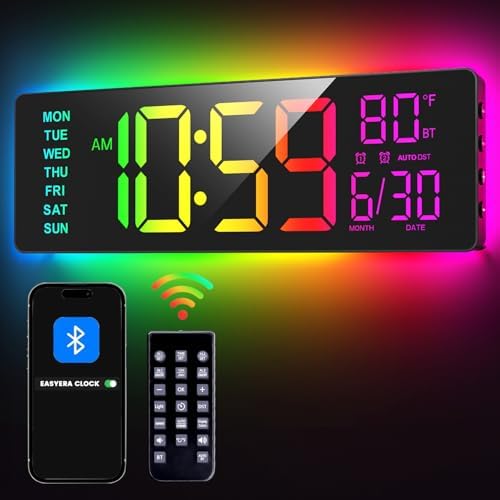 EASYERA 16.5" Large Digital Wall Clock with BT Sync, 11 RGB Lights