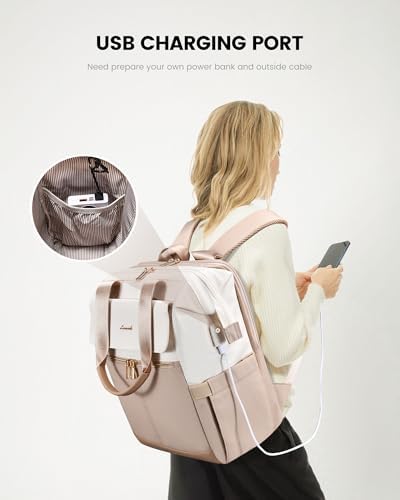 LOVEVOOK Laptop Backpack for Women with Giant Tumbler Holder, 15.6 Inch Work Laptop Bag with USB Port, Fashion Teacher Nurse Backpack Purse, Waterproof Travel Computer Backpack, 2PCS, Beige-Khaki