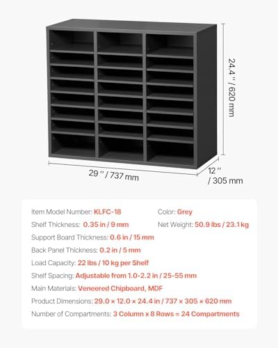 VEVOR Literature Organizer, 24 Compartments Office Mailbox with Adjustable Shelves, Wooden Mailbox Sorter Medium Density Fiberboard Office Home Classroom Storage for Files, Documents, Papers, Grey