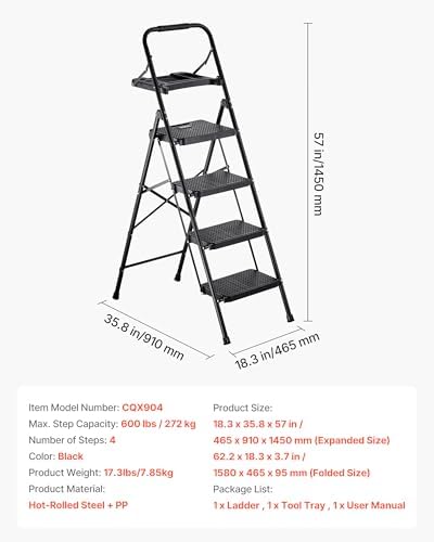VEVOR 4 Step Ladder, Folding Step Stool with Wide Anti-Slip Pedal, Tool Tray, Comfort Handgrip, 600 lbs Capacity Portable Steel Ladder, Multi-Use for Kitchen, Home, Household and Office, Black
