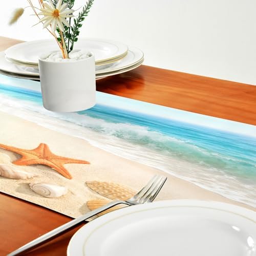 ALAZA Double-Sided Summer Beach Seashells Table Runner 18x72 Inches Long,Table Cloth Runner for Wedding Birthday Party Kitchen Dining Home Everyday Decor
