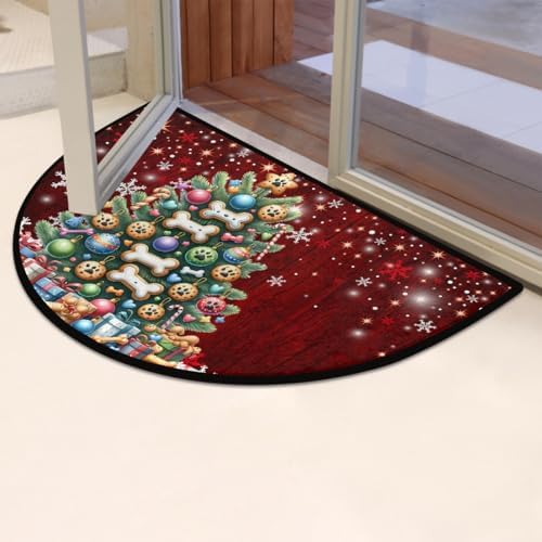 Christmas Tree Decoration Half Round Door Mat Non Slip Washable xmas Semi Circle Area Rug Absorbent Soft Holiday Half Moon Rug Floor Mat for Indoor Outdoor Kitchen Bathroom Patio Front Door Mat Decor