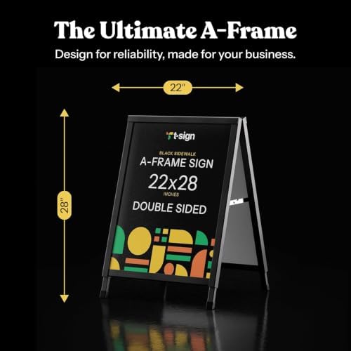 T-SIGN Outdoor A-Frame Sidewalk Sign 22x28 Inch Sandwich Board, Black Coated Steel Metal Double-Sided, Heavy Duty Slide-in Folding Frame Sign Holder, 2 Corrugated Plastic Poster Boards, Display Stand