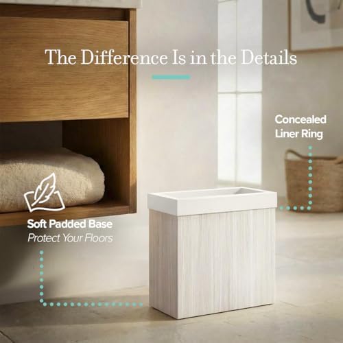 Gatco Small Bathroom Trash Can with Lid, Rectangle 3 Gallon Wastebasket, Under Sink, White Oak with Matte White, for Bathroom, Bedroom, Office (1943W)