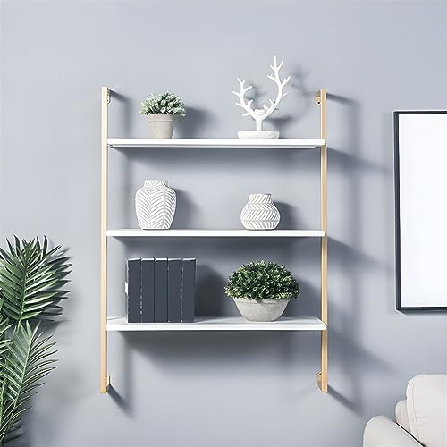 Contemporary Wall Unit Bookcase Metal Frame Pine Wood Shelf Bookshelf Wall-Mounted Bookshelf Wrought Iron Bag Rack Multi-Layer Clothing Store Decoration White Gold 31.5" L x 9.8" W x 42.5" H