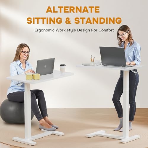 Overbed Bedside Table with Hidden Casters, Adjustable Pneumatic Mobile Laptop Computer Standing Desk, Rolling Laptop Table, Movable Overbed Table Hospital Home Use, White
