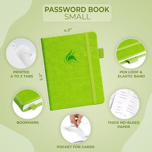 Clever Fox Password Book with Alphabetical Tabs, 4"x5.5" Keeper Green