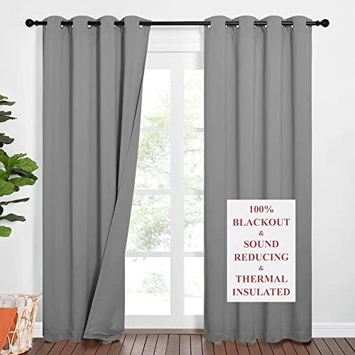NICETOWN Noise Insulation Curtain Panels, Pair of Energy Smart & 100% Blackout Echo of Sounds Reducing Drapes for Dining Room, Thermal Guest Room Lined Window Dressing(Silver Grey, 52 x 84 inch)
