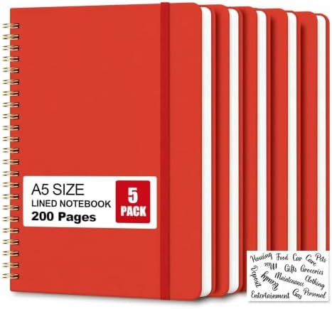 5 Pack Hardcover Spiral Notebooks, 8.3" x 6.3" Lined Journal Set, 100 GSM Bleed-Resistant Paper, 200 Pages Twin-Wire Bound Notebook with Elastic Band & Category Stickers for Office, School