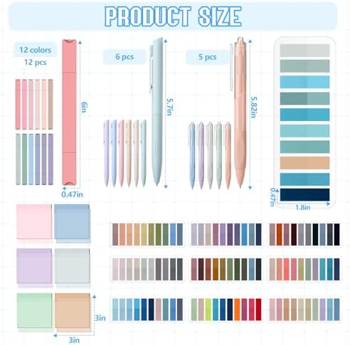 Trandraft 135 Pcs Book Annotation Kit with Pencil Case, 12 Pastel Highlighters, 11 Gel Pens, Fine Marker, 300 Transparent Sticky Notes, 2640 Index Tabs, Bible Study Supplies Kit(Kawaii,Blue)