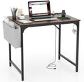 COSTWAY Home Office Desk, 32 Inch Computer Desk with Recessed Power Strip, Storage Bag & Headphone Hook, Wide Desktop, Modern Computer Workstation Writing Table for Home, Office (Rustic Brown + Black)